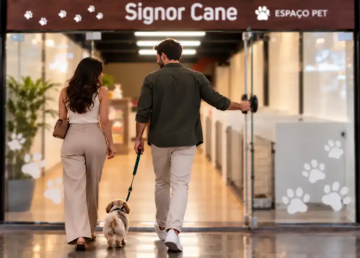 Casal chegando à Signor Cane com seu cão no Alto de Teresópolis